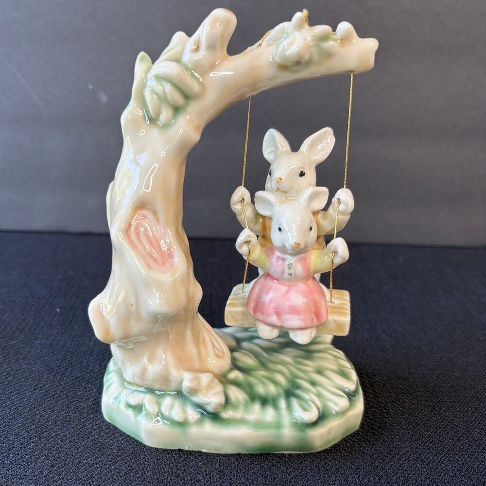 1993 Albert E Price Tales of Bunny Hollow Ceramic Bunnies on a Tree Swing